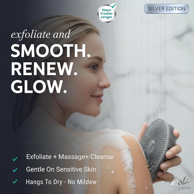 Avilana Silicone Body Scrubber for Shower – SGS Certified Food Grade Dual Sided Bath Brush, Gentle Exfoliating Silicone Loofah Alternative, Sensitive Skin Body Brush (Blue-Silver, Exfoliate)