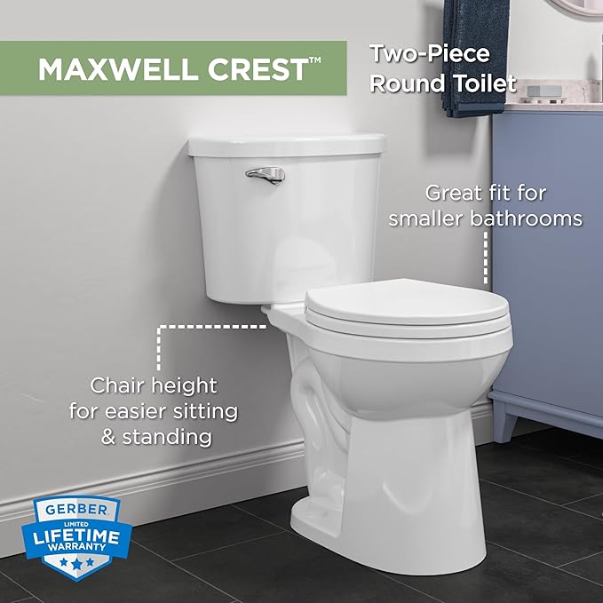 Gerber Maxwell Crest Two-Piece Toilet Round with 12-in Rough-in, ADA-Compliant Chair Height, High Efficiency 1.28 GPF, Soft-Close Seat and Install Kit with Wax Ring Included, White, GRS48320