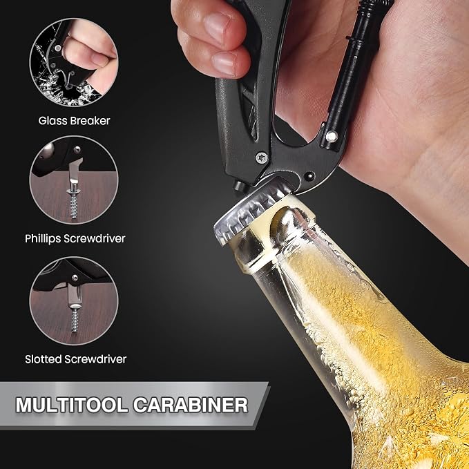 FUNBRO Multitool Carabiner with Pocket Knife, Bottle Opener | Stocking Stuffers Gifts for Men, EDC Carabiners with Folding Knives, Window Breaker and Screwdriver, Gear for Camping Hiking