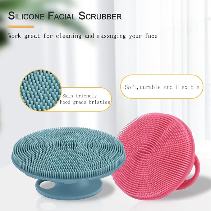 Silicone Face Brush Handheld Facial Cleansing Scrubber, Dark Green+Pink | Gentle Exfoliating, Massaging, Makeup Remover, Oil Remover, Food-grade Soft Bristle, Hygienic for All Skin Types, INNERNEED