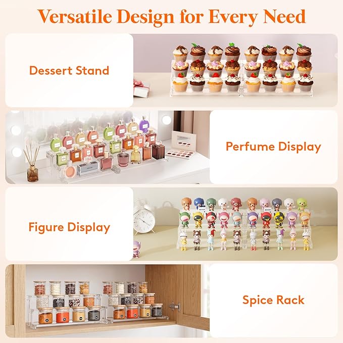 Lifewit Spice Rack, Perfume Cologne Organizer, Cupcake Stand, Tool-Free Assembly, Display Riser Shelf, Seasoning Figurine Makeup Holder, Room Decor, Kitchen Cabinet Storage, Clear, 14in-3 Tier, 2 Pcs