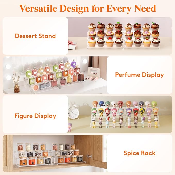 Lifewit Spice Rack, Perfume Cologne Organizer, Cupcake Stand, Tool-Free Assembly, Display Riser Shelf, Seasoning Figurine Makeup Holder, Room Decor, Kitchen Cabinet Storage, Clear, 12in-3 Tier, 1 Pcs