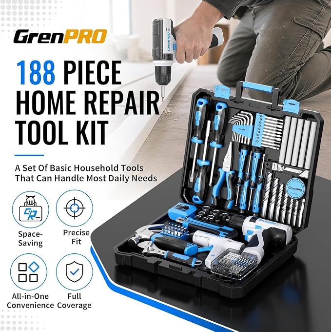 GRENPRO 188PC Blue Cordless Drill Tool Set for Wo&Men Tool Kit for Home Box | All-In-One Basic Household Tool Box, Glue Gun Accessories DIY, CR-V Steel, Sturdy Storage Case Auto Repair Kit For Men