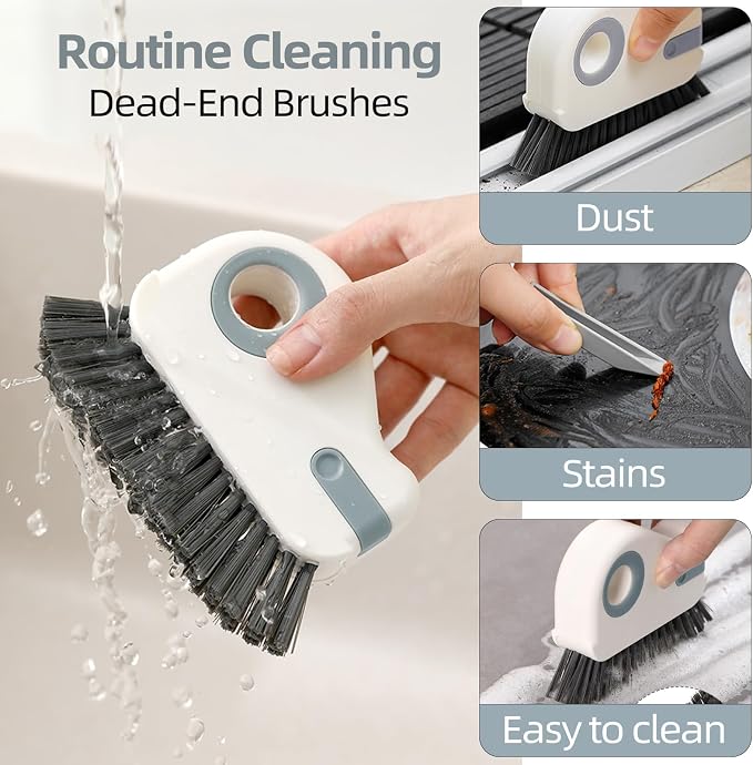 2 in 1 Groove Cleaning Brush, Grout Cleaner Tool & Multifunction Window Track Cleaner (with Hidden Scraper or Mini Dustpan) – for Glass Door Tracks, Window Sills, Sliding Doors (Gray)
