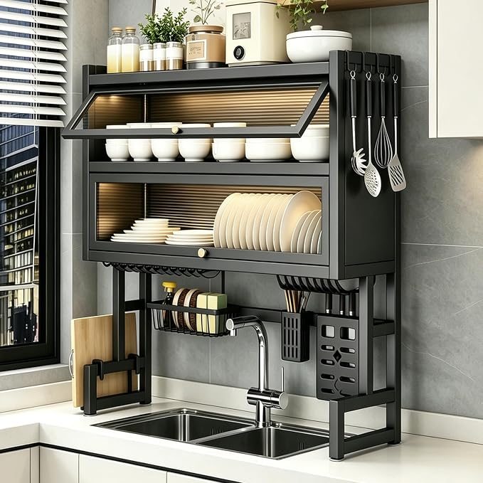 Over The Sink Dish Drying Rack, Piano Lacquer, Thickened Steel Pipe, Over Sink Dish Drying Rack, Over Sink Rack, for Dishes, Glasses, Bowls, Cutlery Black 34.46in (Medium-Large)
