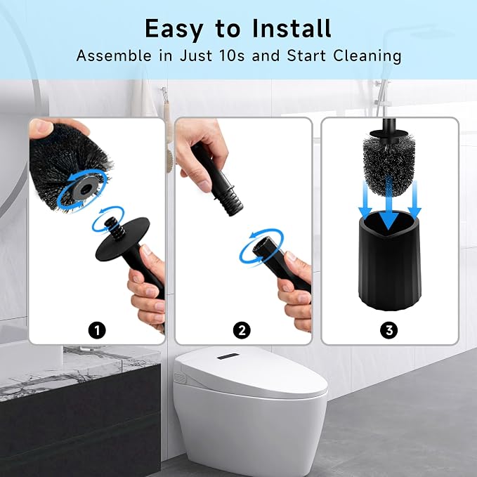 Toilet Brush and Holder Set, Toilet Bowl Brush, Compact Bathroom Accessories, Durable Toilet Scrub Bristles, Drip-Proof, Deep Cleaning, Black, 1 Pack