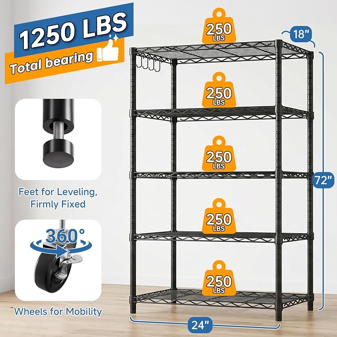 Wire Storage Shelves with Wheels: 5 Tier Adjustable Metal Shelving Unit, NSF Heavy Duty Kitchen Bakers Rack, Rolling Pantry Shelf Organizer for Closet, Laundry, Garage, 24" W x 18" D x 75" H