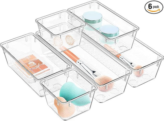 WOWBOX 6 Pack Clear Drawer Organizer Set, Acrylic Drawer Storage Trays, Storage Bins for Makeup, Cosmetics, Jewelries, Utensils, Gadgets, Office