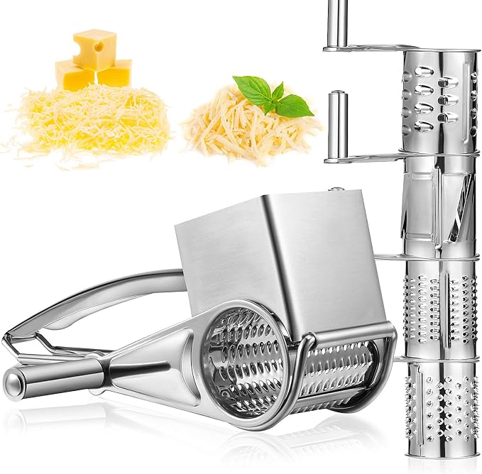 Honoson Rotary Cheese Grater Stainless Steel Handheld Rotary Parmesan Grater Cheese Cutter Slicer with 4 Stainless Drum for Grating Hard Chocolate Nuts Kitchen Tool
