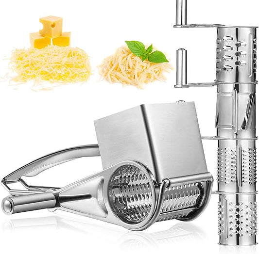 Honoson Rotary Cheese Grater Stainless Steel Handheld Rotary Parmesan Grater Cheese Cutter Slicer with 4 Stainless Drum for Grating Hard Chocolate Nuts Kitchen Tool
