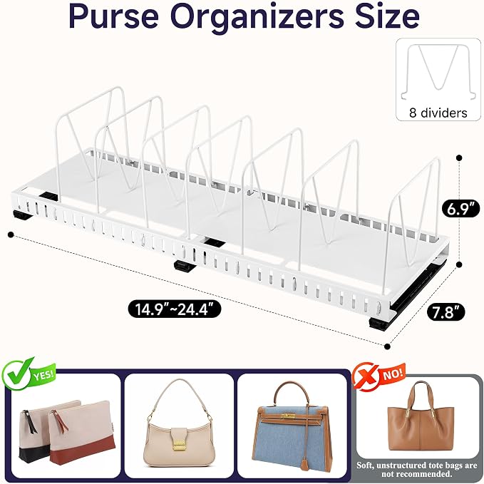 Aminigram Adjustable Purse Organizer for Closet, Metal Handbag Organizers for Closets, Pull Out Closet Shelf Dividers for Bedroom, Living Room, Home, Keep Carteras Upright