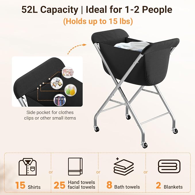 ELYKEN Laundry Basket with Wheels, Collapsible Laundry Hamper, Black | Removable Liner Bag, Foldable Design, Sturdy Metal Frame, 4 Casters, 32”H Laundry Cart for Bedroom, Bathroom & Laundry Room