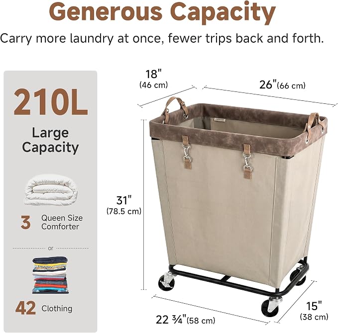 StorageWorks 210L Laundry Basket with Wheels, Rolling Hampers for Clothing