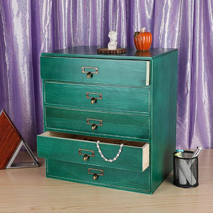 GoooodGift Wooden Drawers Large Wooden Box with Drawer, Green | 5 Drawer Wood Storage Box , Vintage Desktop Organizer with Drawers, Desk Organizers for Library Card Catalog Cabinet