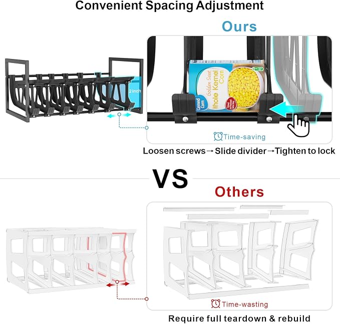 iSPECLE Can Organizer for Pantry - Auto-Rolling, Expands to Hold 60 Cans | Stackable For Walk-in Deep Pantry Shelve, Adjustable Width for Food Cans, Sturdy Metal Frame, Easy Access & Restocking, Black