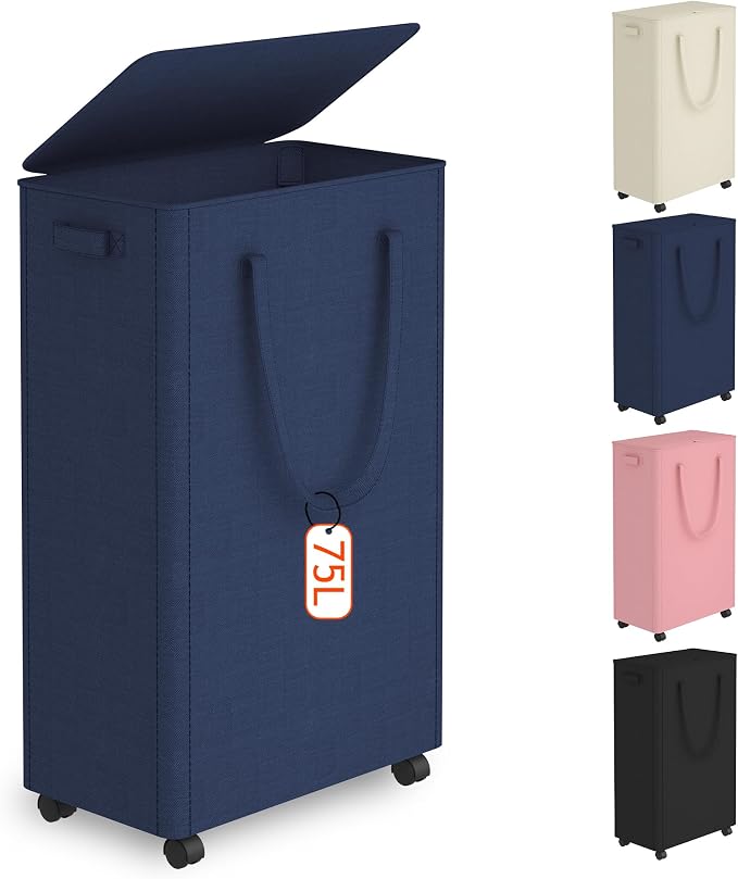 Slim Laundry Hamper with Wheels,20 Gal (75L) Rolling Laundry Basket with lid and wheels Clothes Hamper Foldable Tall Dirty Clothes Basket Sturdy Collapsible Clothes Hamper for Dorm,Laundry Room