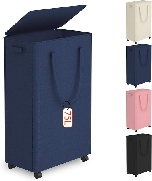 Slim Laundry Hamper with Wheels,20 Gal (75L) Rolling Laundry Basket with lid and wheels Clothes Hamper Foldable Tall Dirty Clothes Basket Sturdy Collapsible Clothes Hamper for Dorm,Laundry Room