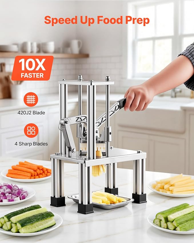 VEVOR French Fry Cutter, Commercial Vegetable Chopper with 4 Blades (1/4", 3/8", 6-Wedge & Apple Corer), Stainless Steel Potato Slicer for Fries, Onion, Carrots, Lemon – Home & Restaurant Use