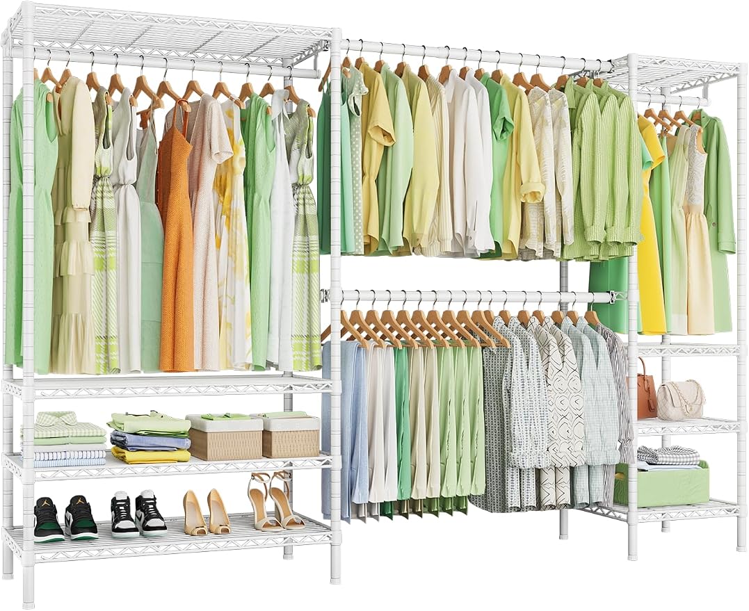 Ulif E11 Heavy-Duty Garment Rack, Metal Freestanding Clothes Rack and Closet Storage Organizer with 8 Shelves and 4 Hanger Rods, (73.2-97.6)" W x 14.5" D x 71.2" H, Load 1034 LBS, White