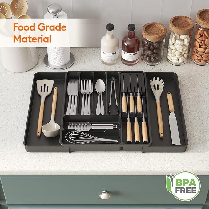 Lifewit Silverware Organizer for Kitchen Drawers, Expandable Utensil Tray with Removable Knife Block, Adjustable Cutlery and Flatware Holder, Plastic Spoon Forks Holder Storage Divider, Black