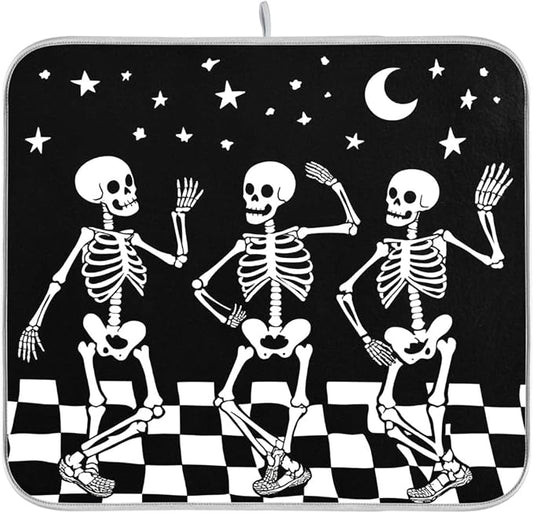 Halloween Skull Dance Dish Drying Mat for Kitchen Countertop 16x18 Spooky Skeleton Black Small Drying Mat Reusable Quick Dry Dish Sink Mats Easy Clean Decorative Essentials