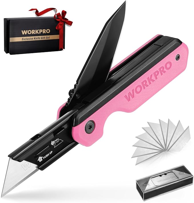 WORKPRO 2-in-1 Folding Knife/Utility Knife, Wood Handle, G10 Handle | Quick-Change Box Cutter, Liner Lock, Belt Clip, 10 SK5 Blades, Carton Cutting, Camping, Hiking, DIY Projects, Pink Ribbon