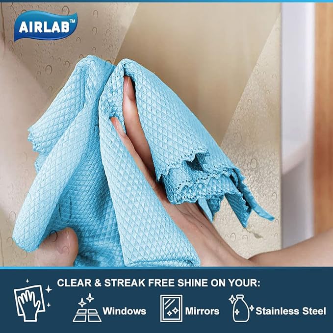Airlab Glass Polishing Cloth Streak Free Miracle Cleaning Cloth Lint Free Microfiber Cleaning Rags for Glasses Kitchen Dish Mirrors Easy Clean, Pack of 8, 16" x 12", Grey & Blue