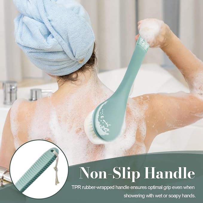 Back Scrubber for Shower, Shower Body Brush for Cleaning with Long Handle for Showering, 17 Inch Back Washer Exfoliator for Shower Men Women with Non-Slip Handle, Adhesive Hook (Pea Green)