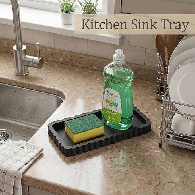 Small Silicone Bathroom Vanity Tray, Sink Caddy for Dish Soap Dispenser, Sponge Holder for Kitchen Sink, Rectangle Bathroom Countertop Organizer for Perfume, Jewelry, Candle (7.9” * 4”, Black)