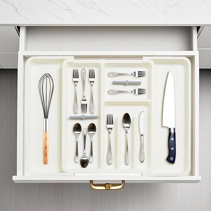 Silverware Organizer, Expandable Cutlery Drawer Organizer Utensil Tray for Home and Kitchen, Upgrade Adjustable Plastic Storage Flatware Holder for Forks, Spoons and Knives Large White