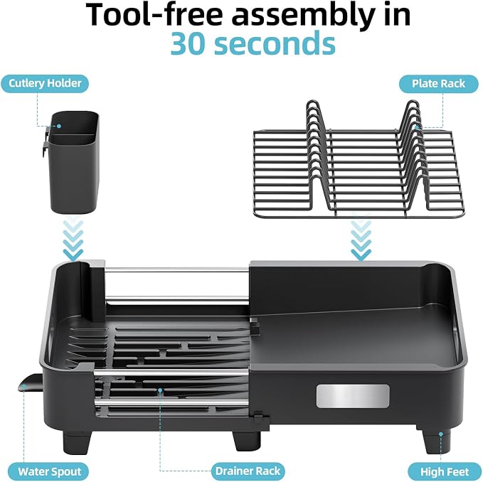 TOOLF Expandable Dish Drying Rack for Kitchen Counter,Black | Extendable 12.8in to 20.35in,Stainless Steel & PP,One-Minute Quick Assembly,Cutlery Holder,Portable Carry Handle,Space-Saving