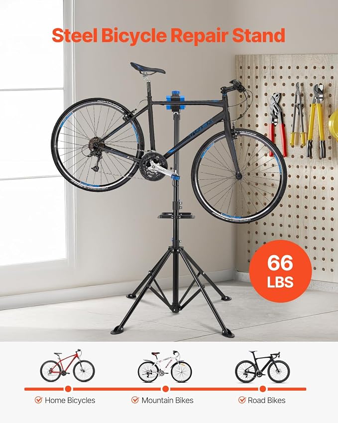 VEVOR Bike Repair Stand, 66 lb Heavy-duty Bicycle Work Stand with 32.8-56.6 in Adjustable Height & Magnetic Tool Tray, Foldable Bicycle Maintenance Rack, Shop Home Mechanics for Mountain & Road Bike