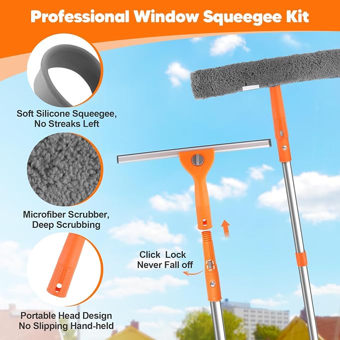 Window Cleaning Kit with Bucket 3 Gallon & 76" Squeegee Scrubber | Professional Window Washing Equipment with Long Handle, Compelete Window Cleaner Tools for Home Outdoor Commercial Car