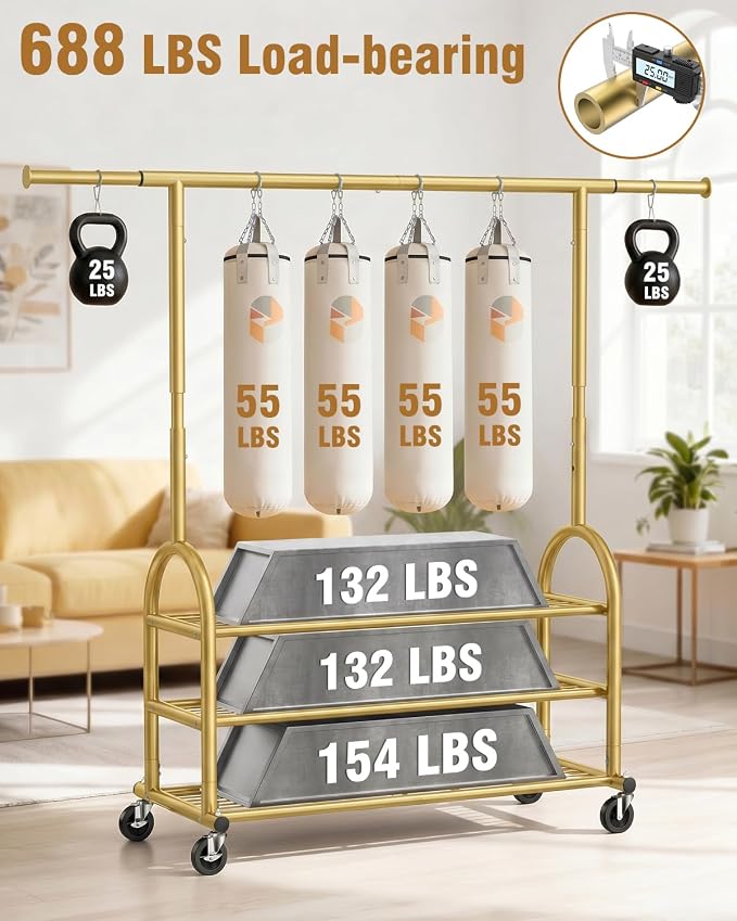 EAGMAK Heavy Duty Clothes Rack for Hanging Clothes Load 688 LBS, Height Adjustable Rolling Clothing Racks, Portable Metal Coat Rack Garment Wardrobe with Wheels and 3 Shelves for Bedroom, Gold