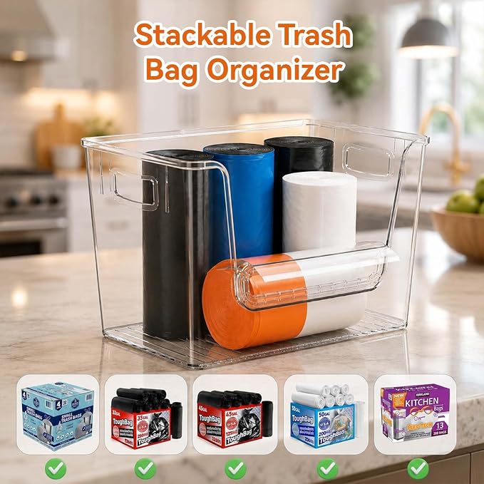 4 Pack Pantry Organizers and Storage with Bamboo Lids | Stackable Clear Plastic with Lid/Handle Trash Bag Holder for Vegetable,Fruit,Under Kitchen Sink Countertop Organizer