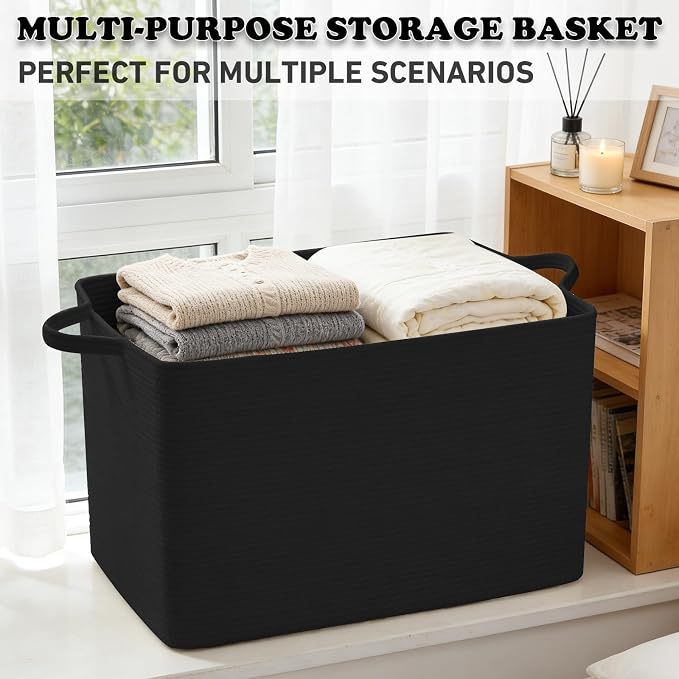 65L Large Laundry Basket with Handles,Woven Blanket Basket,Black | 21"×16"×12" Collapsible Cotton Rope Storage Basket for Toys Clothes & Pillows, Nursery, Bathroom, Bedroom, Living Room
