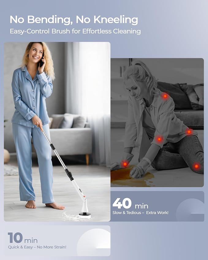 MayKing Electric Spin Scrubber with 9 Brush Heads, IPX7, Model White | 3-Angle & 4-Length Adjustable Cordless Power Scrubber, 3-Speed & Battery LED Display, for Bathroom, Tub, Floor & Tiles