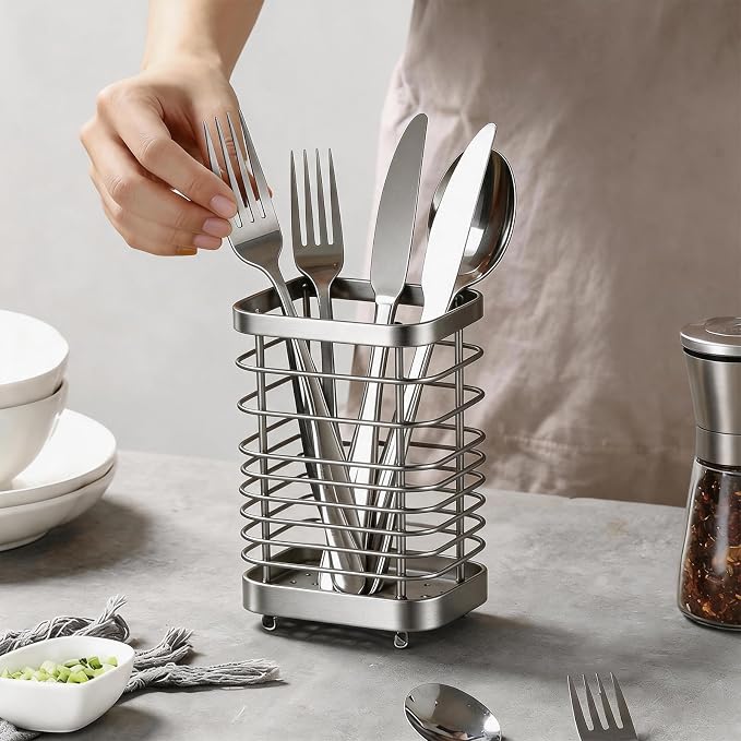 Stainless Steel Utensil Holder & Drying Rack for Kitchen Sink, Wall Mountable and Tabletop Cutlery Drainer Caddy for Spoons, Forks, Chopsticks (silver)