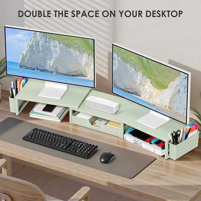 OPNICE Desk Organizers and Accessories, Dual Monitor Stand Riser with Drawer and 2 Pen Holders, Desk Shelf Computer Monitor Stand for Office Workspace Organizers, Desktop Organization (Green)