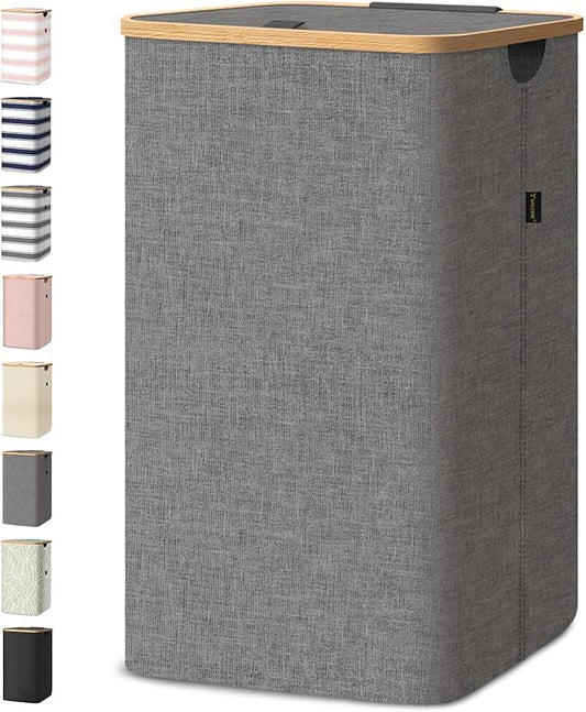 BALEINE Laundry Hamper with Lid, Tall Laundry Baskets with Bamboo Pull Handles, Large Laundry Bin with Internal Support (26 Gal/100L, Grey)