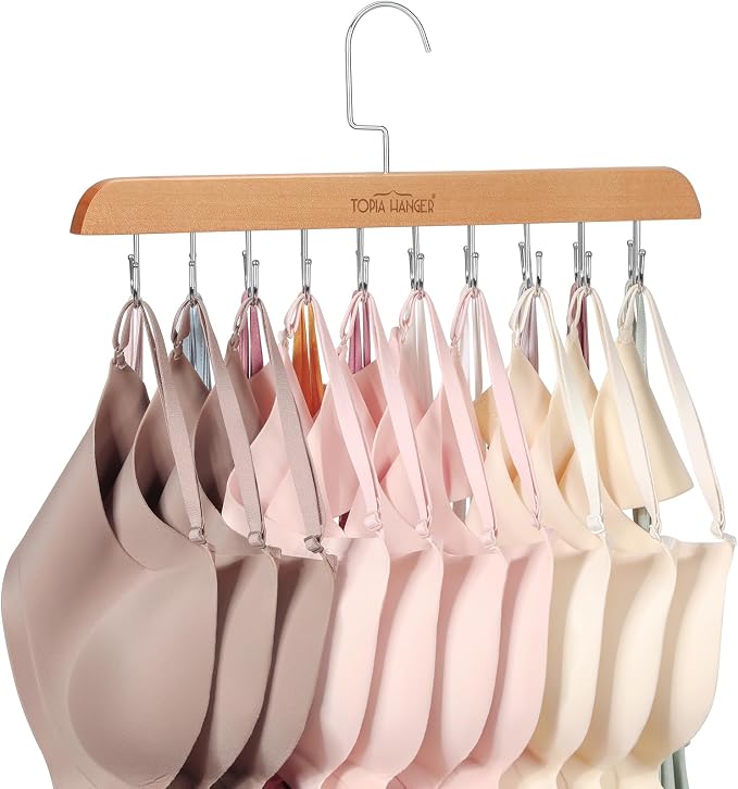 TOPIA HANGER Bra Hanger for Closet, Tank Top Hangers Space Saving Natural | 20 Foldable Hooks, 360°Rotating Hooks, Easy to Install, Durable Solid Wood, Space Saving Storage for Bras, Tank Tops, Belts