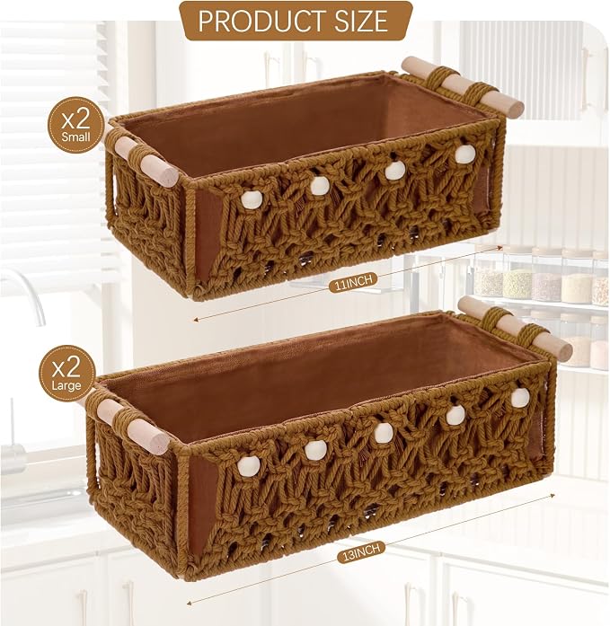 Vesici 4 Pcs Rustic Brown Macrame Storage Basket for Shelves 13 in 11 in Boho Basket Hand Woven Boxes with Wood Handles Beads Decorative Countertop Toilet Tank Cabinet Organizer for Home Room Decor