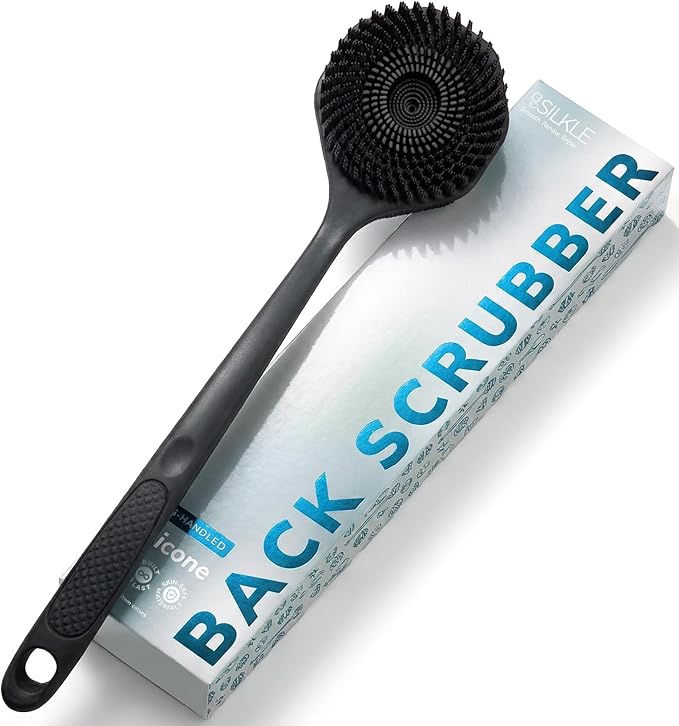 SILKLE Silicone Back Scrubber for Shower - Back Scrubber with Long Handle, Shower Back Scrubber & Body Scrubber with Handle, Exfoliating Back Scrubber, Back Brush for Shower with Textured Grip - Black