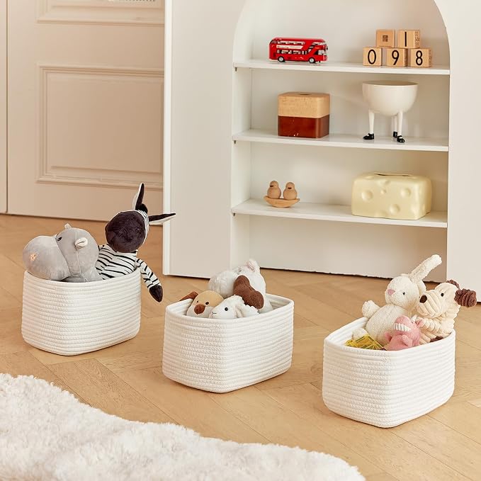 R RUNKA Small Cotton Rope Basket – Storage Bin for Organizing (10.6" x 6.7" x 6.7"), Bathroom Storage Basket for Shelf, Counter & Closet（White）