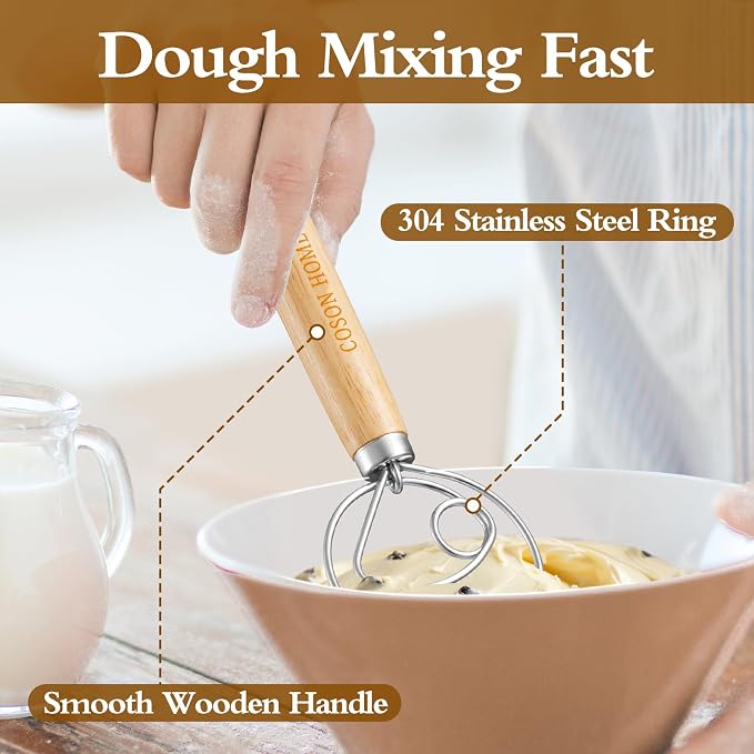 2 Pack Danish Dough Whisk Hook Sourdough Bread Baking Supplies Starter Kit | 13.5 Inches; Quick Hand Mixing Tool; Wooden Handle Stainless Steel Loop; Easy Clean; Diswasher Safe; for Batter Pastry Flour