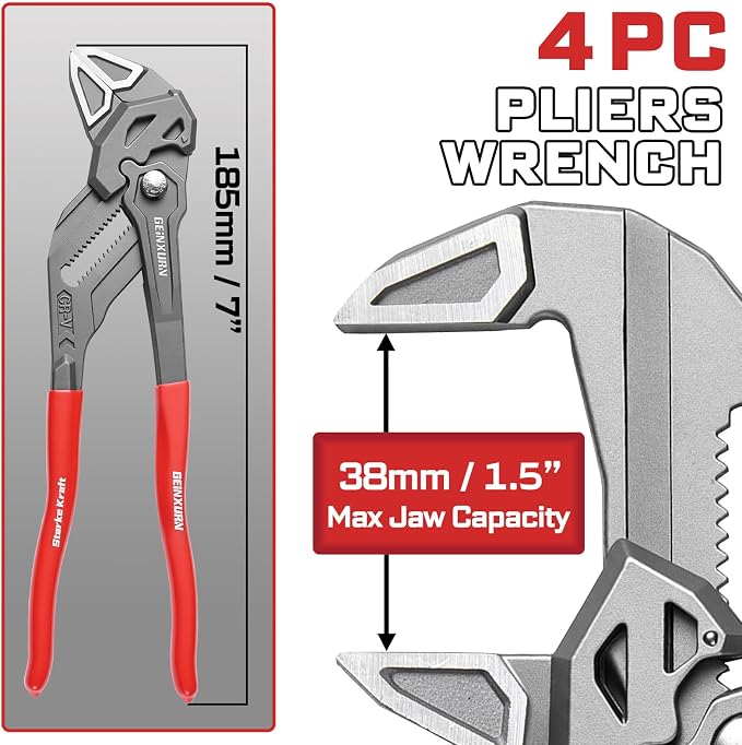 7-Inch Pliers Wrench, 4PCS Smooth V-Jaw Pliers with 15-Position Push-Lock, Fast Adjustable Slip Joint Pliers Set for Plumbing, Home Repair, and Pipe Fittings