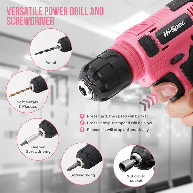 Hi-Spec Tool Set with 8V Drill Set Home DIY Repair & Maintenance, Pink | Cordless USB Electric Drill Driver, Hand Tool Kit for Women and Men, Complete Home DIY Tool Box, Gift, Home Setup help, Tidy
