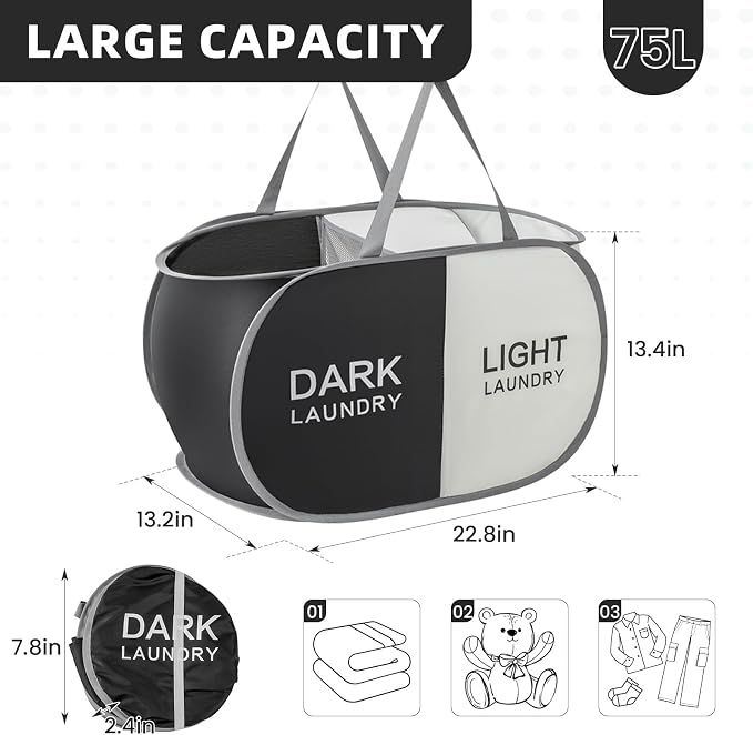 Collapsible Laundry Baskets with 2 Compartments, Black + Begie | 105L, Foldable, Pop up Hamper, Reinforced Durable Laundry Hamper for Home, Laundry, Bathroom, Dorm or Travel