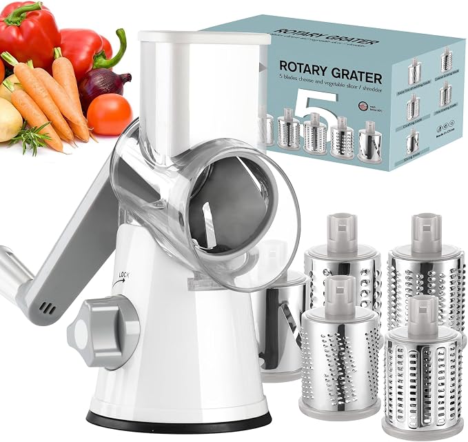 Ourokhome Rotary Cheese Grater Hand Crank, Kitchen Shredder Speed Mandolin Slicer Ice Shaver with Handle and Drum Blades for Cheese, Vegetable, Nuts, Chocolate, Potato, Carrot, 5 Blades, White