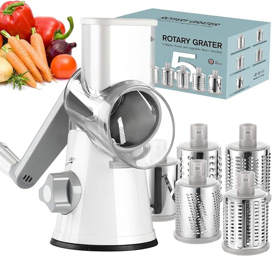 Ourokhome Rotary Cheese Grater Hand Crank, Kitchen Shredder Speed Mandolin Slicer Ice Shaver with Handle and Drum Blades for Cheese, Vegetable, Nuts, Chocolate, Potato, Carrot, 5 Blades, White